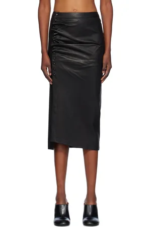 Paco rabanne Black Ruched Leather Midi Skirt