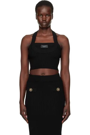 Balmain Black Ribbed Knit Halterneck Top