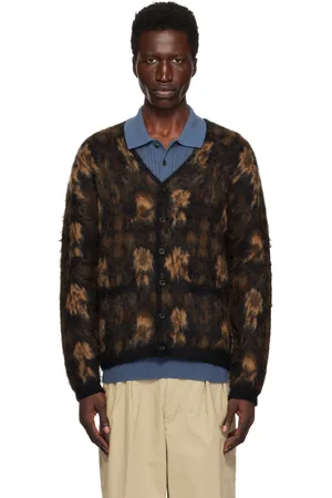Beams Brown Double Jacquard Botanical Pattern Cardigan