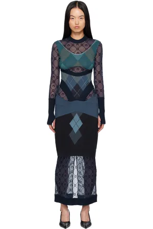 Marine Serre Navy Upcycled Argyle Knit Midi Dress