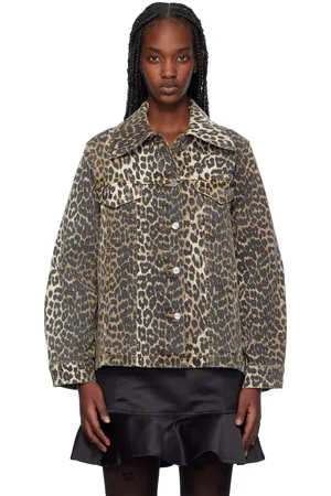 Ganni Beige & Brown Leopard Printed Denim Jacket