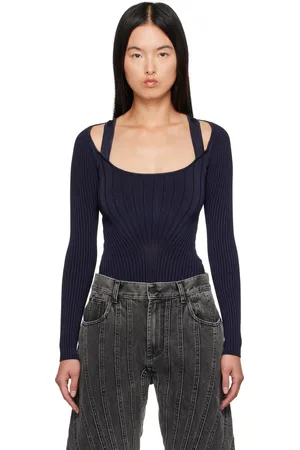 MUGLER Navy Sculpting Knit Bodysuit