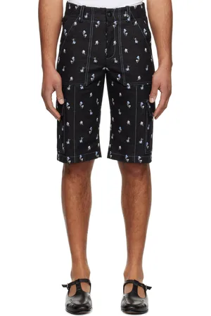 Anna Sui Black Embroidered Roses Denim Cargo Shorts