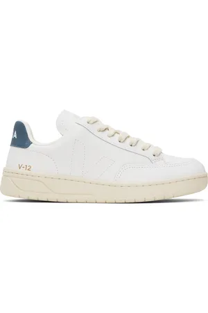 Veja White & Navy V-12 Stitch Leather Sneakers