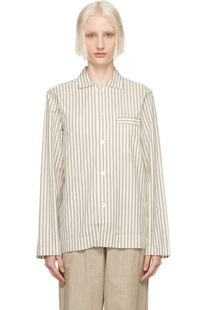 Tekla Off-White & Brown Long Sleeve Pyjama Shirt
