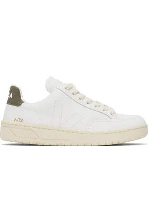 Veja White & Khaki V-12 Stitch Leather Sneakers