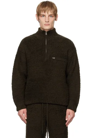 Auralee Brown Merino Wool Boa Knit Half Zip Sweater