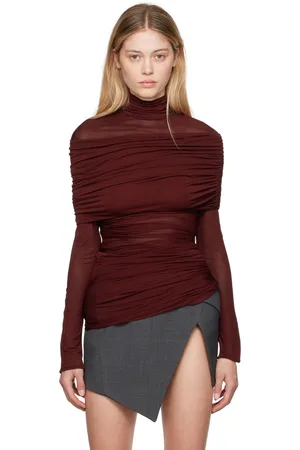 MUGLER Burgundy Ruched Turtleneck