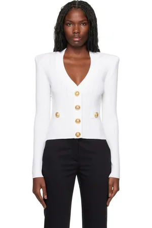 Balmain White Cropped Knit Cardigan