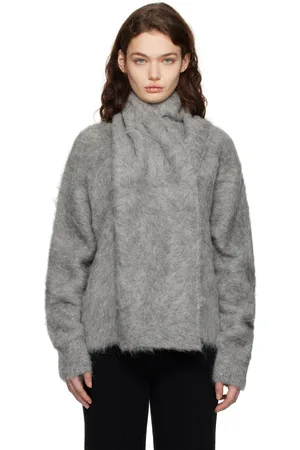 Totême Gray Draped-Scarf Knit Sweater