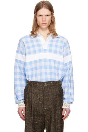 Anna Sui Blue & White Gingham Terry Long Sleeve Polo
