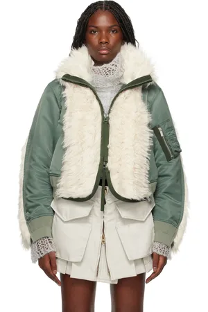 SACAI Khaki & Off-White Faux Fur & Nylon Twill Bomber Jacket