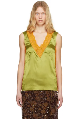 DRIES VAN NOTEN Khaki & Orange Silk Lace Tank Top