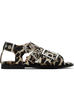 Ganni Beige & Black Feminine Buckle Strap Denim Sandals