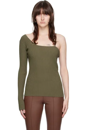 Helmut Lang Green One-Shoulder Long Sleeve T-Shirt