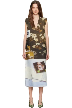 Jil Sander Brown & Blue Wool Blend Printed Midi Dress