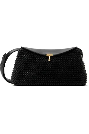Totême Black T-Lock Woven-Leather Clutch