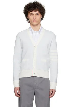 Thom Browne Blue Linen Cotton 4-Bar Relaxed Fit Cardigan