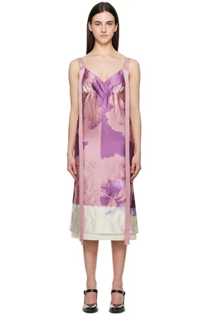 Erdem Pink & Purple V Neck Slip Cocktail Midi Dress