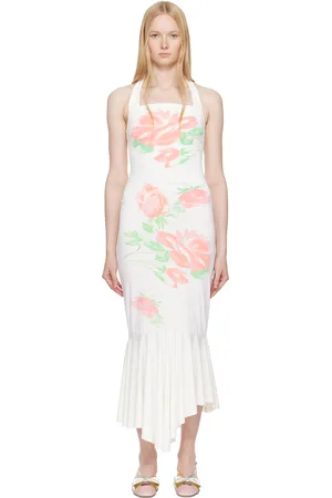 yuhan wang SSENSE Exclusive White Rose Printed Halterneck Midi Dress
