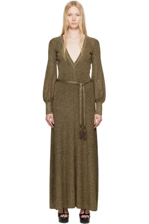 Tom Ford Gold & Brown Long V-Neck Open Back Maxi Dress