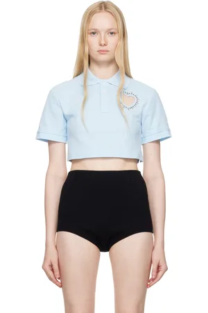 AREA Blue Crystal Heart Cutout Cropped Polo