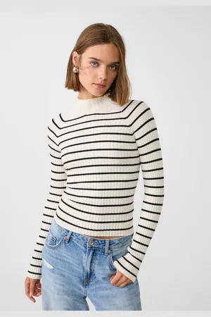 Stradivarius Geribde gestreepte tricot trui met opstaande kraag L