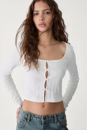 Stradivarius Rib-T-shirt met knoopsluiting XL