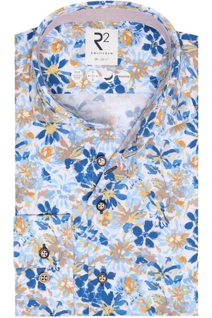 R2 Amsterdam R2 Hemd Knitted Bloemenprint Blauw Extra Long Sleeves - maat 40