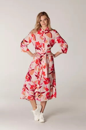 Juffrouw Jansen Dames Geprinte jurken - Dubai blousejurk met bloemendessin en strikceintuur bright pink