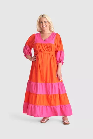 Smashed Lemon Dames Katoenen Jurken - Katoenen color block jurk in trendy oranje en fuchsia