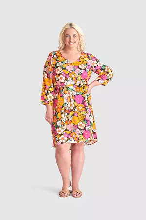 Smashed Lemon Dames Geprinte jurken - Zomerjurk met oranje en roze bloemenprint 100% rayon