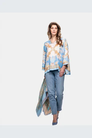MUCHO GUSTO Zijden blouse seta ketting en kwasten print