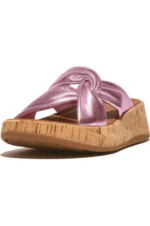 FitFlop F-mode leather-twist flatform slides (cork wrap)