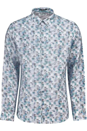 No Excess Overhemd lange mouw linnen met print aqua