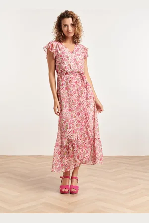 Smashed Lemon 24307 wikkelstijl maxi jurk van chiffon met fuchsialime