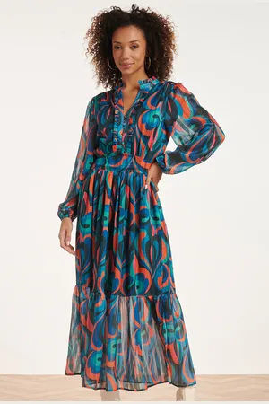 Smashed Lemon 24519 maxi-jurk met multicolor teal en oranje print