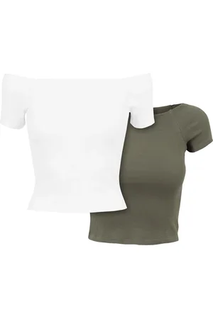 Urban classics Dames geribd off shoulder t-shirt (set van 2)