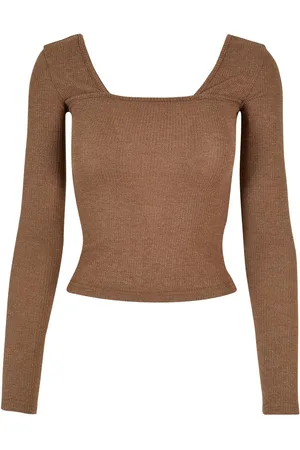 Urban classics Dames geribbelde vierkante hals top met lange mouwen