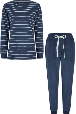 by Louise Dames winter pyjama set lang badstof gestreept blauw