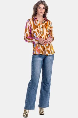 MUCHO GUSTO Zijden blouse livorno met degradé oranje fuchsia print en luipaardpatroon