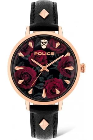 Police Leren horloge met rood wijzerplaat 36mm