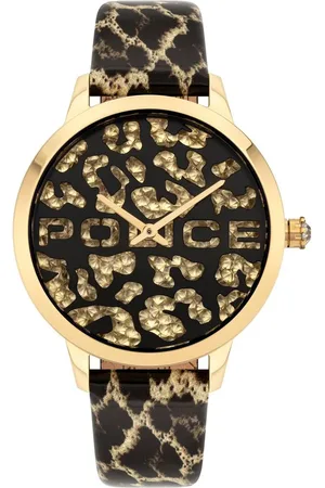 Police Leren horloge met gouden kast en quartz mechanisme
