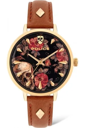 Police Brown leather watch met gouden roestvrijstalen kast