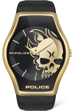 Police Leren horloge met gouden kast en quartz mechanisme