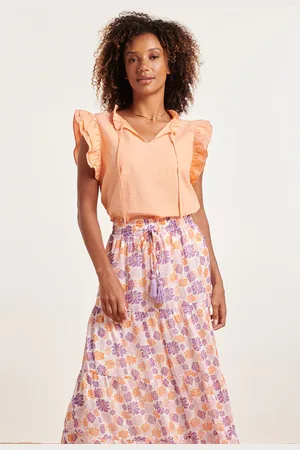 Smashed Lemon 24352 zachte perzike top met dubbele ruchesmouwen |