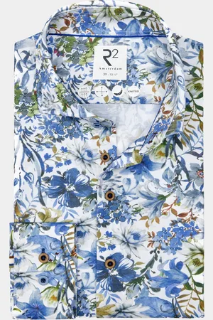 R2 Amsterdam Casual hemd lange mouw blue flower print on cotton l 128.wsp.031/014