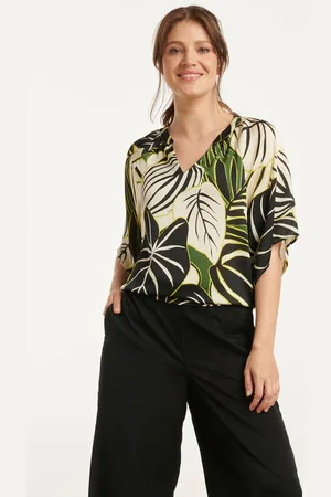 Smashed Lemon 25071 leaf print chiffon top met v-halsflared mouwen |