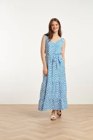 Smashed Lemon 25084 maxi jurk met kobalt polka dot print |