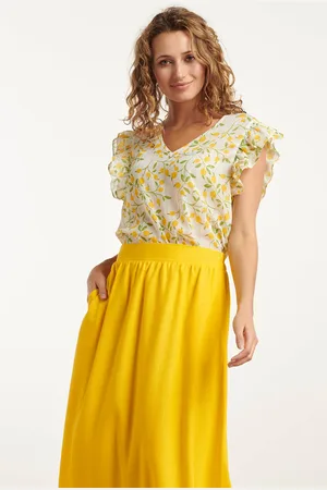 Smashed Lemon 25012 chiffon top met frilly mouwencitroenprint |